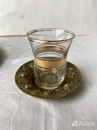 Латунный поднос для восточного чая со стаканчиками