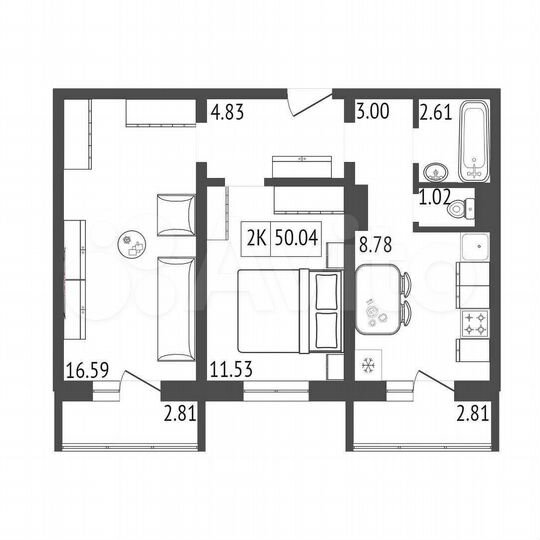2-к. квартира, 50 м², 11/17 эт.