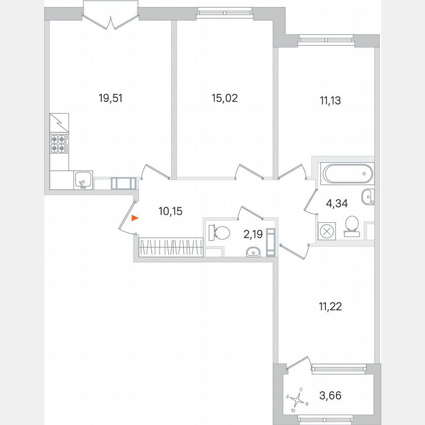 3-к. квартира, 75,4 м², 3/4 эт.