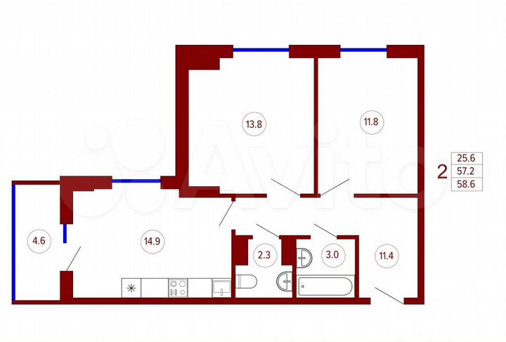 2-к. квартира, 58,7 м², 11/22 эт.
