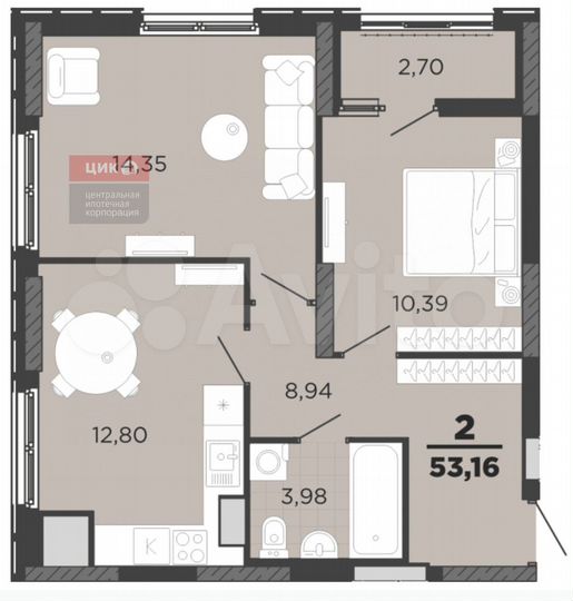 2-к. квартира, 53,2 м², 3/25 эт.