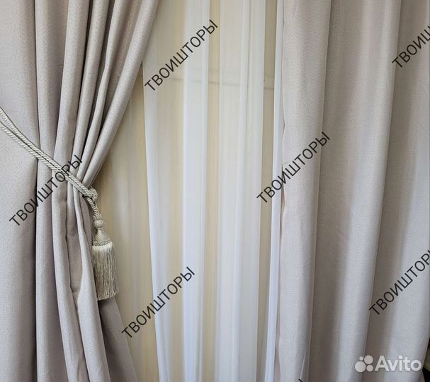 Шторы блэкаут под лен кремовые на ленте