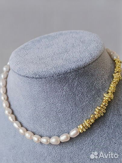 Ожерелье из натурального жемчуга с гематитом