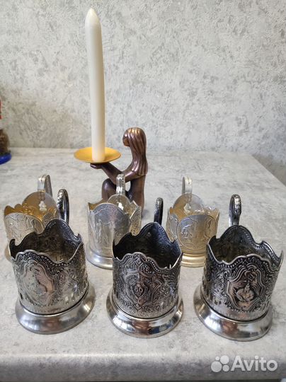 Подстаканники СССР, подсвечник, книги