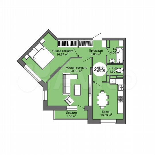 2-к. квартира, 66,6 м², 3/17 эт.