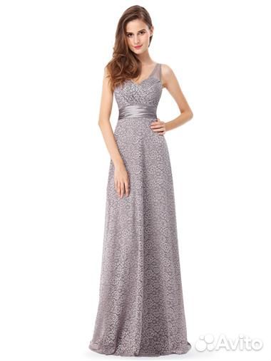 Серое кружевное вечернее платье с двойным V-образн