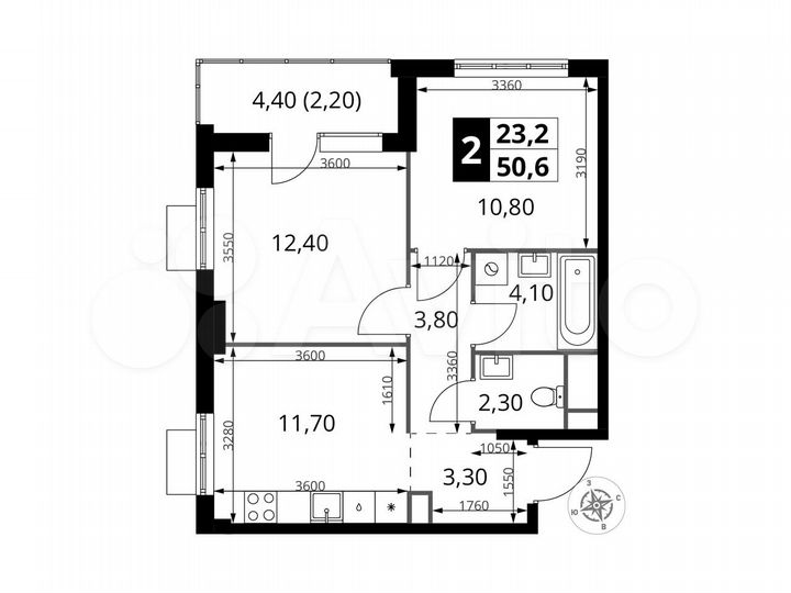 2-к. квартира, 50,6 м², 3/13 эт.