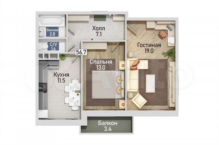 2-к. квартира, 56,7 м², 8/12 эт.