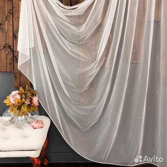 Тюль микросетка с жемчужинками Грейс Айвори