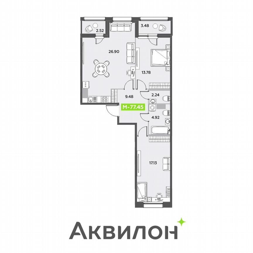 2-к. квартира, 77,5 м², 11/12 эт.