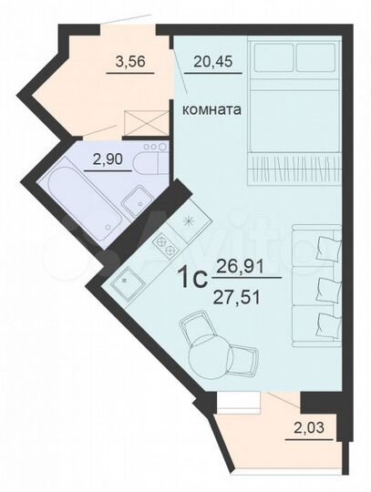 Квартира-студия, 27,5 м², 12/20 эт.