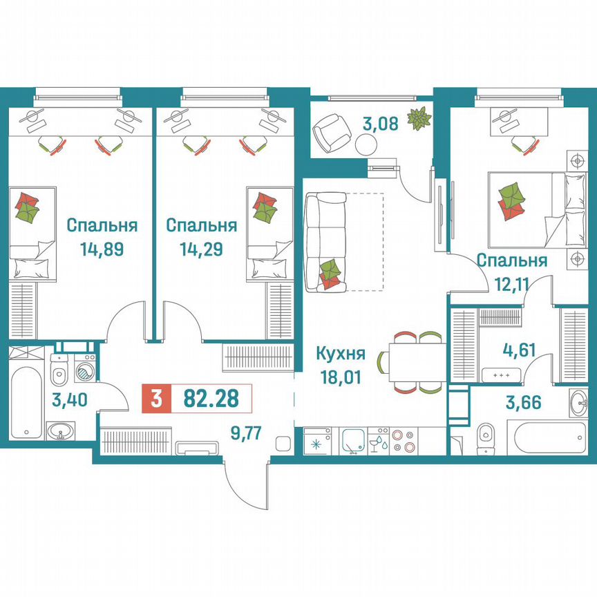 3-к. квартира, 82,3 м², 6/18 эт.