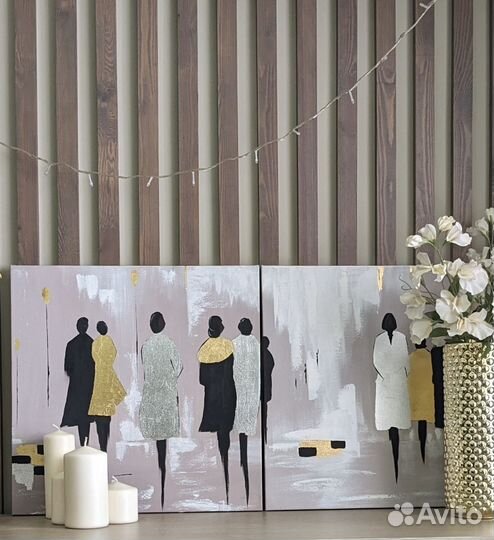 Диптих. Картина для интерьера 98х49 Золотые люди