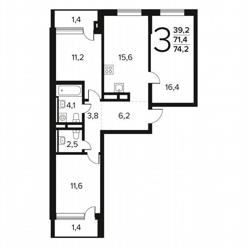 3-к. квартира, 74,2 м², 7/11 эт.