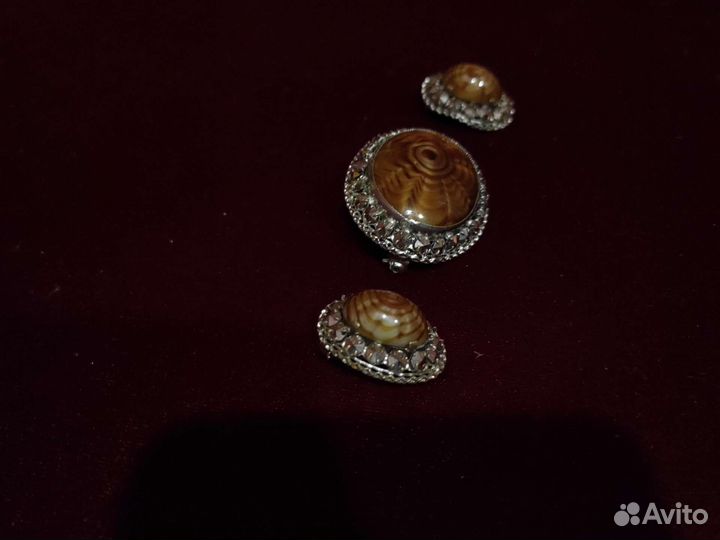 Винтажные брошь и серёжки-клипсы тигровый глаз