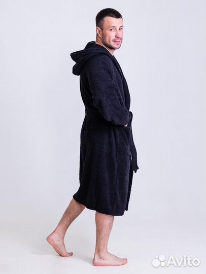 Халат махровый мужской с капюшоном 48-50 черный
