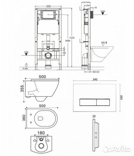 Унитаз подвесной с инсталляцией Agger ATI05100+APB244 белый, с крышкой микролифт, безободковый, с че