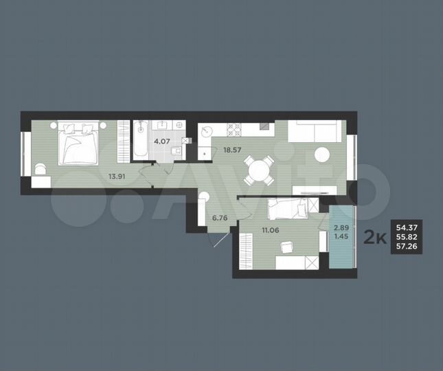 2-к. квартира, 57,3 м², 6/9 эт.