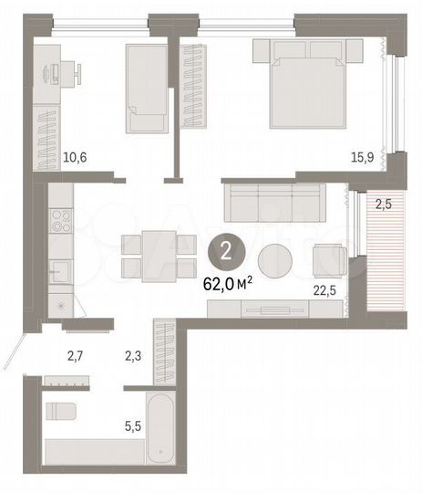 2-к. квартира, 62 м², 4/10 эт.