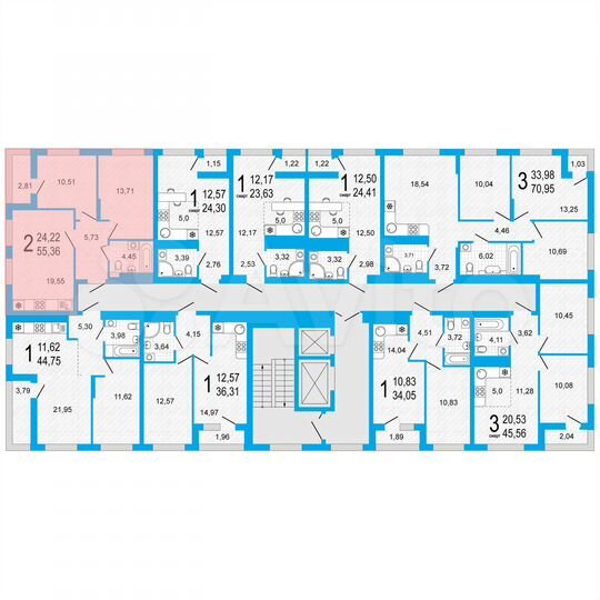 2-к. квартира, 55,4 м², 10/22 эт.