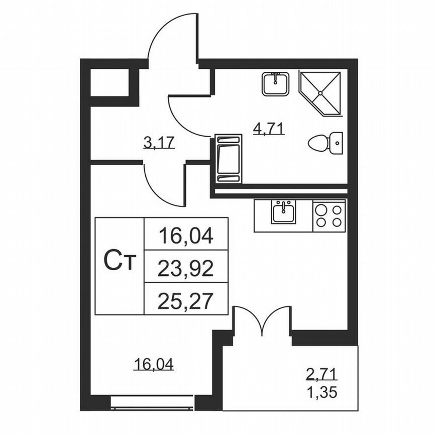 Квартира-студия, 25,3 м², 10/19 эт.