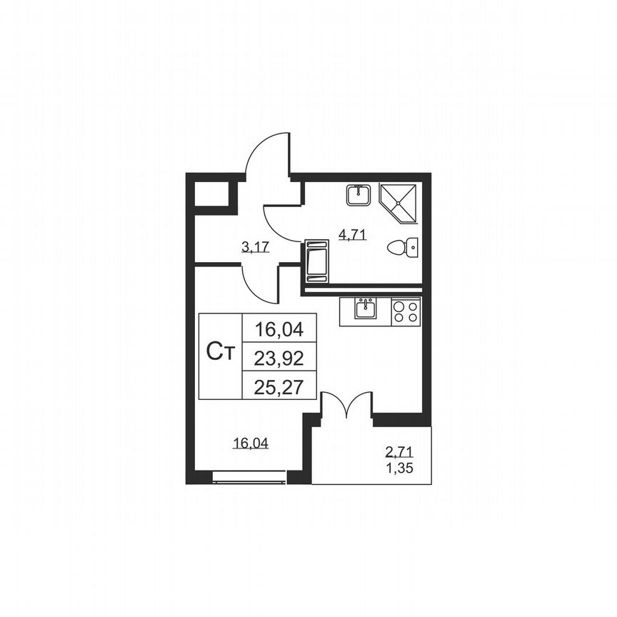 Квартира-студия, 25,3 м², 10/19 эт.