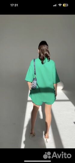 Костюм лён шорты рубашка зеленый