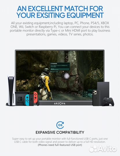 Портативный монитор arzopa 16.1 дюйма, 100 sRGB
