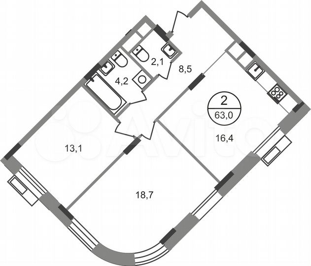 2-к. квартира, 63 м², 5/9 эт.