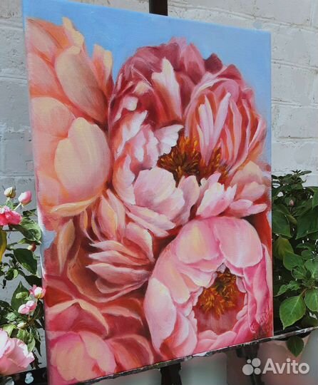 Картина маслом, цветы пионы