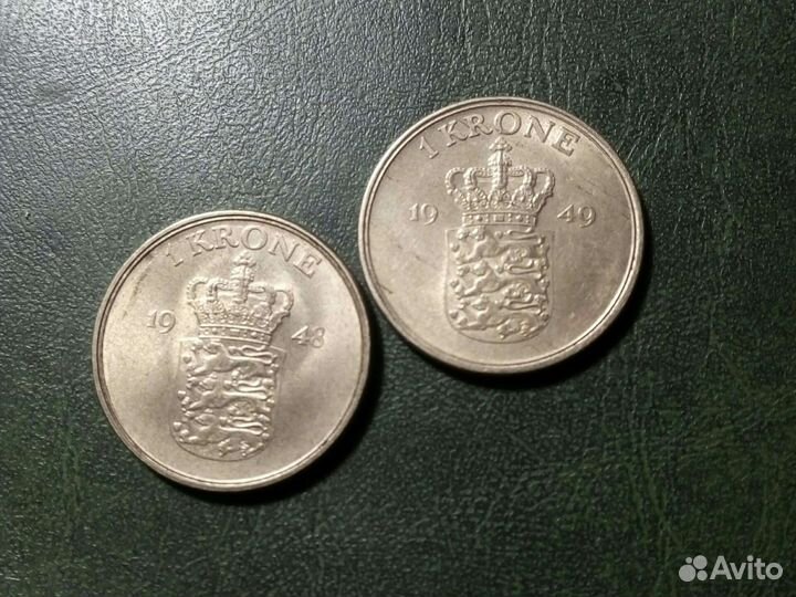 Монеты Дании1крона 1948/49 год /Frederik 9/2шт
