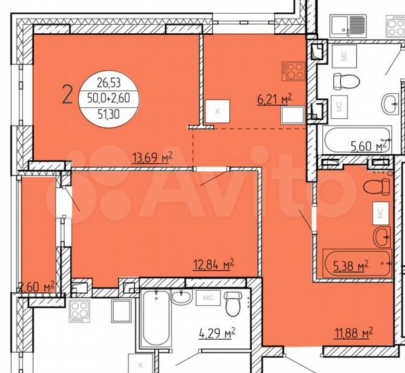 2-к. квартира, 51,3 м², 8/16 эт.