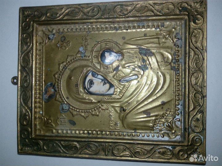 Икона старинная. Казанская богородица. Латунь