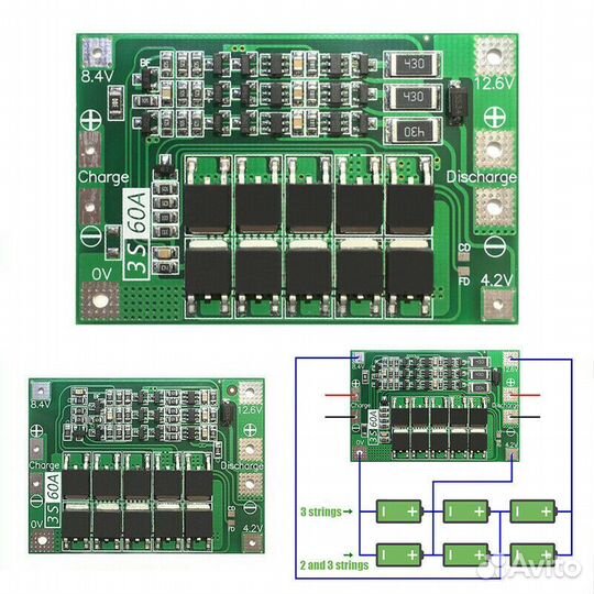 Плата PCB BMS 3S 60A 12V с балансировкой