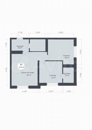 3-к. квартира, 60,2 м², 2/25 эт.
