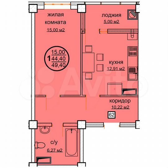 1-к. квартира, 49,4 м², 1/12 эт.