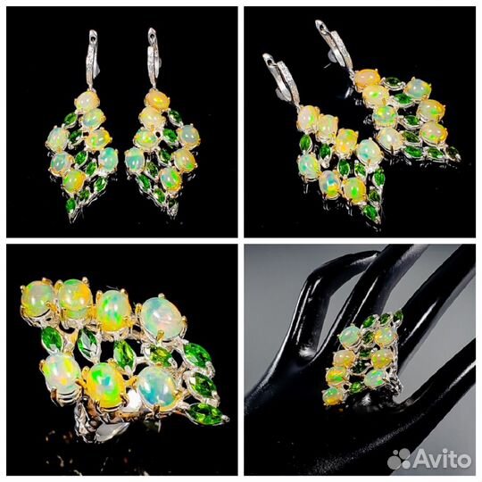Серьги опал, хромдиопсид серебро С071