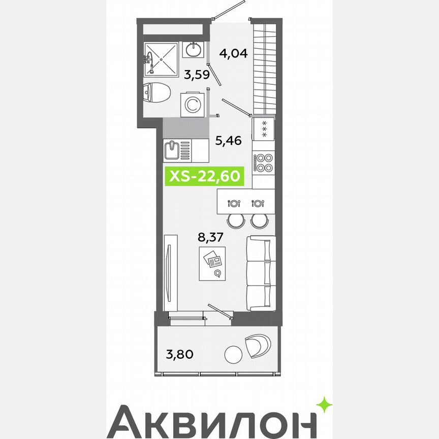 Квартира-студия, 22,6 м², 12/12 эт.