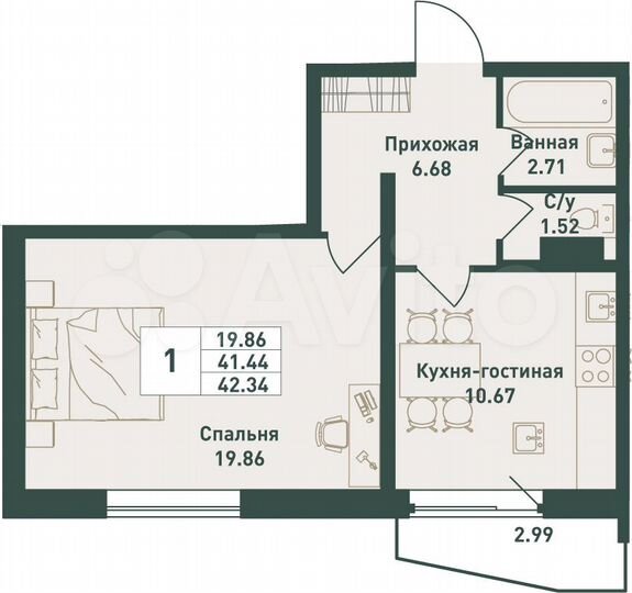 1-к. квартира, 42,3 м², 13/16 эт.