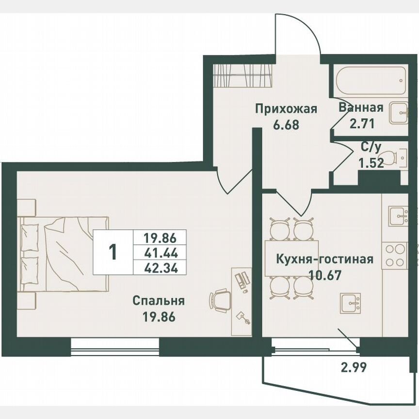 1-к. квартира, 42,3 м², 13/16 эт.