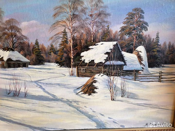 Картина. Зимний хуторок. Владимир Кандыбин 1989г