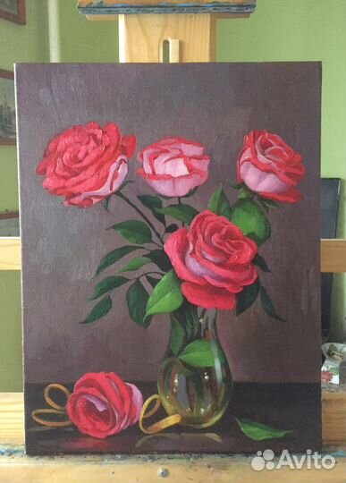 Картина маслом розы красные цветы натюрморт
