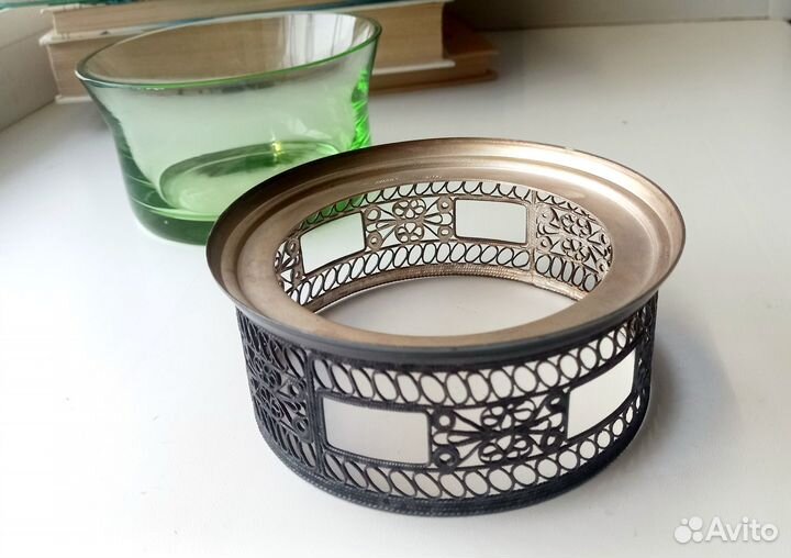 Конфетница Скань Мельхиор Зеленое Стекло СССР