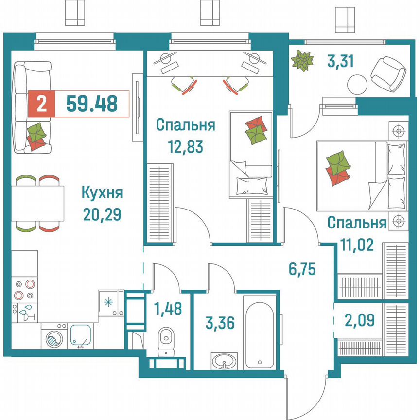 2-к. квартира, 59,5 м², 18/18 эт.