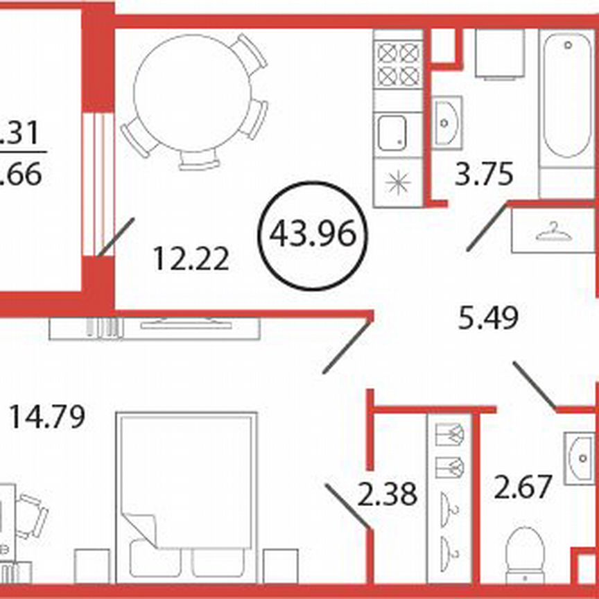 1-к. квартира, 44 м², 12/12 эт.