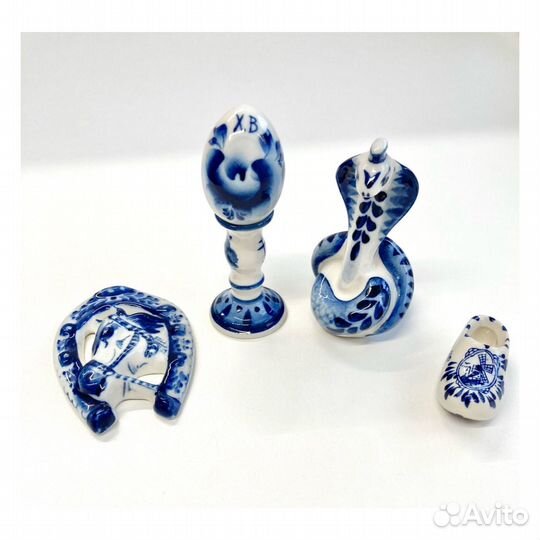 Статуэтки гжель подкова / яйцо / змея / башмачок
