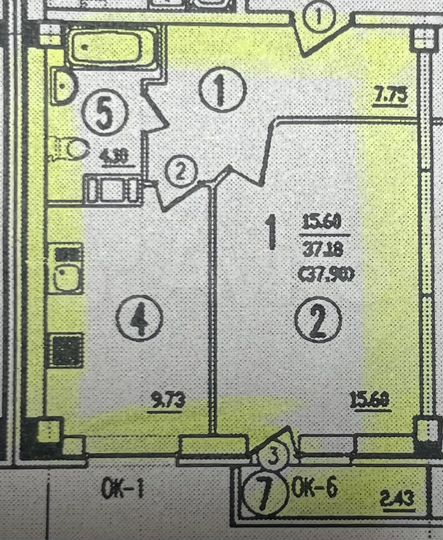 1-к. квартира, 37 м², 7/12 эт.