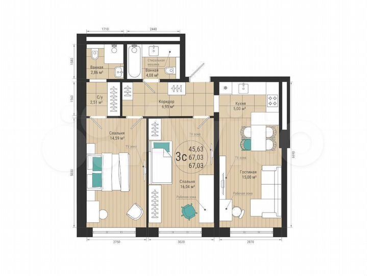 3-к. квартира, 67 м², 24/27 эт.