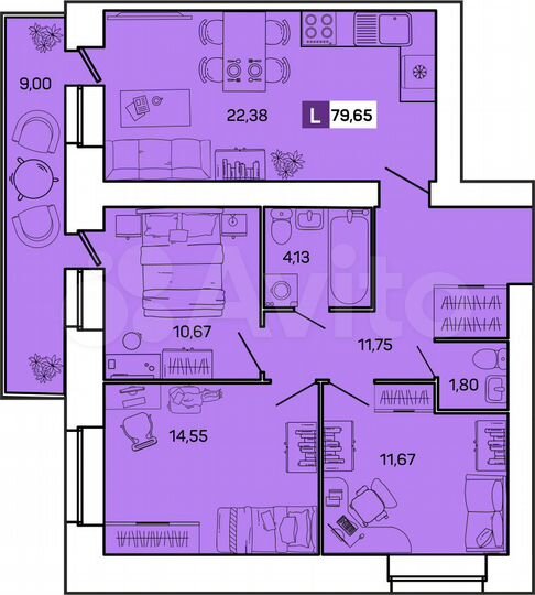 3-к. квартира, 79,7 м², 9/12 эт.