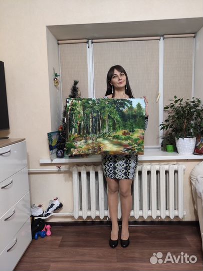 Картина маслом, пейзаж, лес, сосны, река, поляна